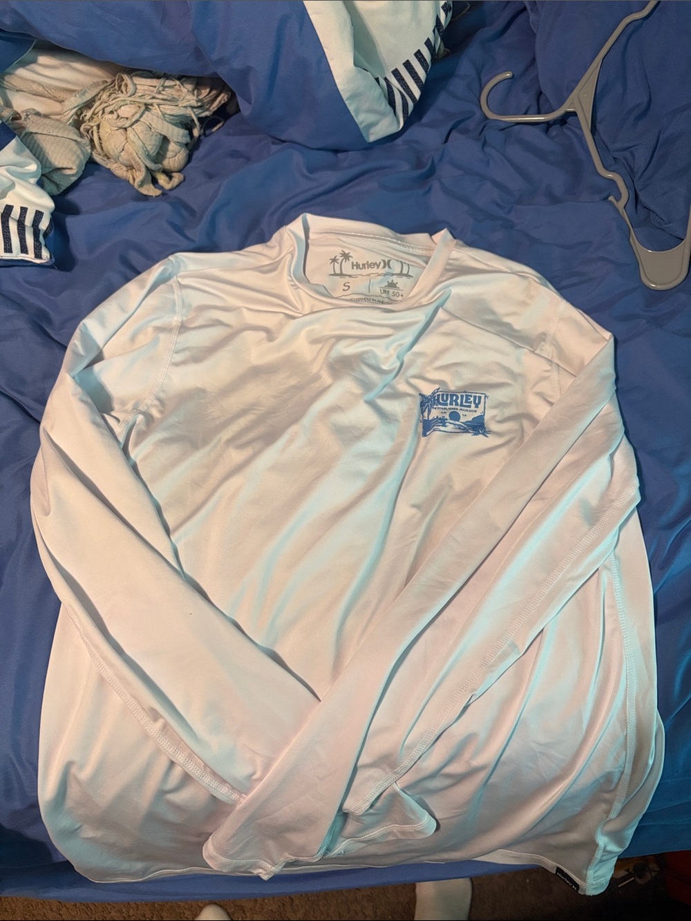 Hurley Men’s Long-Sleeve Performance Tee - White with Blue Logo